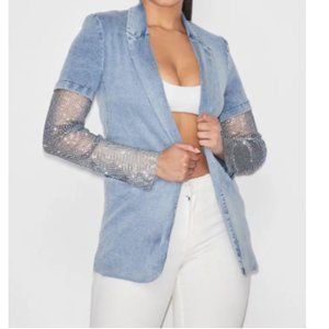 NWT Long Embellished Sleeves Open Front Women's Sheer Madness Denim Blazer